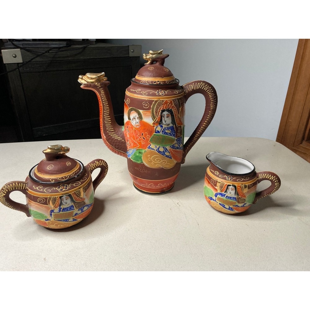 Vintage Japanese Satsuma Ware Gilded Geisha Hand Painted Porcelain Tea Set 3pc